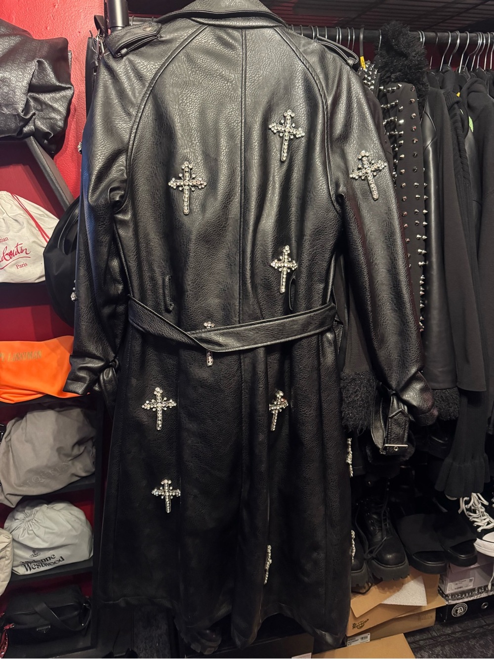 AKIRA Black Faux Leather Trench Coat with Rhinestone Crosses - Picture 3 of 3